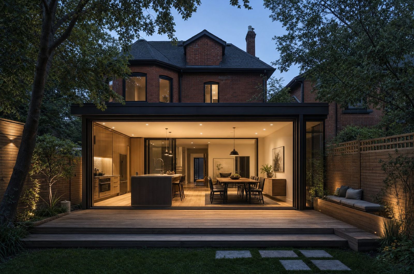 A glass rear addition open onto a cedar deck, concept imagery