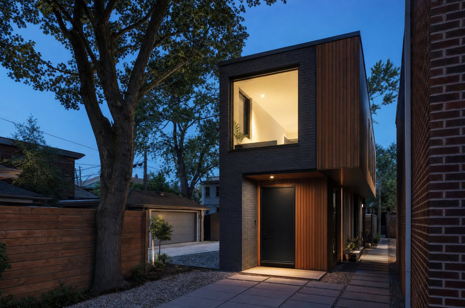 A two-storey laneway house behind a Toronto lot, concept imagery