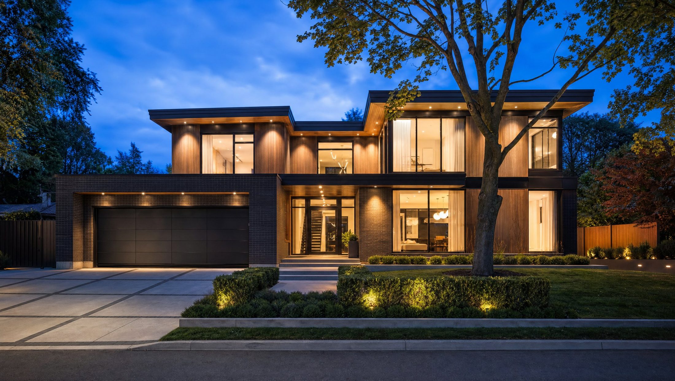 A modern custom home at dusk, concept imagery